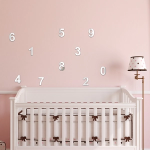 Silver mirror acrylic wall stickers 0-9 digits used in a pink nursery decoration