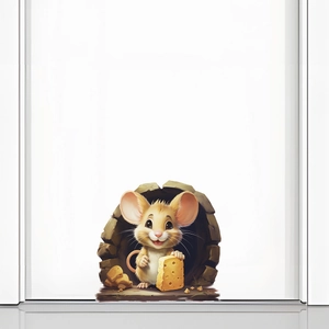 Realistic 3D mouse in a hole wall sticker with cheese decor for baseboard decoration