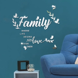 Stickers muraux miroir acrylique moderne avec citation Family et oiseaux pour décor