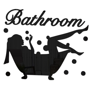 Detail view of black acrylic mirror bathroom wall sticker with female silhouette and bubbles