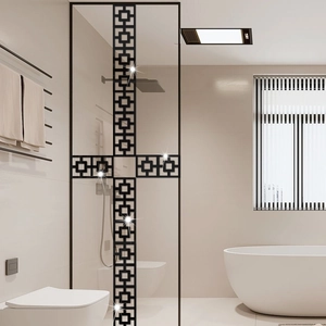 Detail of matte black geometric acrylic wall sticker for bathroom glass partitions