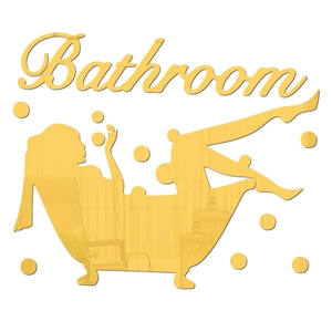 Detail of golden acrylic bathroom mirror wall sticker with bubbly bathtub silhouette
