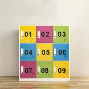 Modern 9-door colorful metal locker with numbered storage slots for home office decor