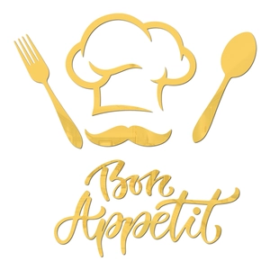 Golden acrylic mirror kitchen wall stickers set featuring Bon Appetit text and chef icons