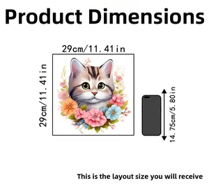 Detailed size chart showing cute cat flower wall sticker dimensions with phone comparison