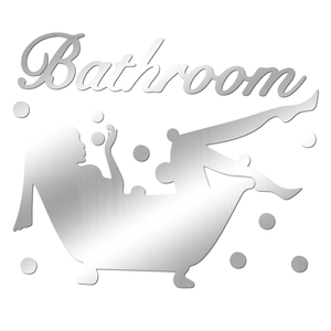 Silver mirror wall sticker featuring Bathroom text and girl in bathtub silhouette