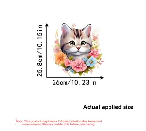 Detailed size specifications for the cute kitten floral wall sticker with cartoon cat pattern