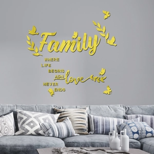 Stickers muraux 3D en acrylique miroir doré Family avec oiseaux pour salon