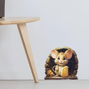 3D wall sticker detail of a cute cartoon mouse holding cheese in a realistic brick hole