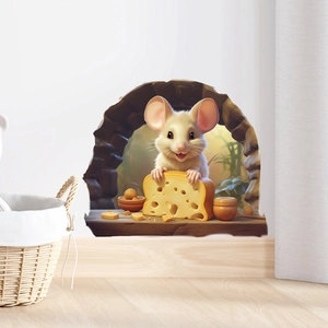 3D cartoon mouse with cheese wall sticker shown on a baseboard in a cozy home setting