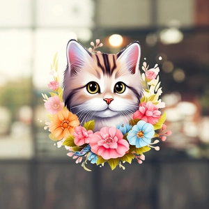 Cartoon tabby cat wall sticker with colorful flower wreath for cozy bedroom decoration
