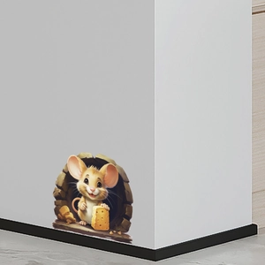 Detailed view of a 3D cartoon mouse eating cheese wall decal applied to a white corner wall