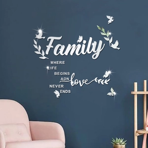 Stickers muraux miroir acrylique 3D avec citation Family papillon et décor de feuilles