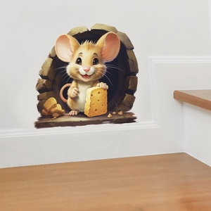 Detail of 3D mouse in a hole wall sticker with cheese on a white wall and wood stairs