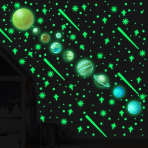 Adesivi murali sistema solare luminosi con pianeti e stelle brillanti su sfondo scuro