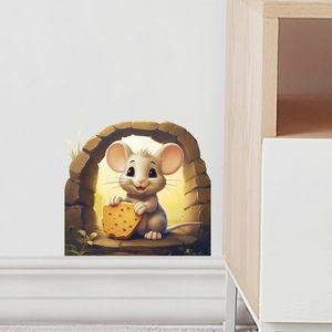 Detail of creative cartoon mouse hole wall sticker featuring a small mouse with yellow cheese