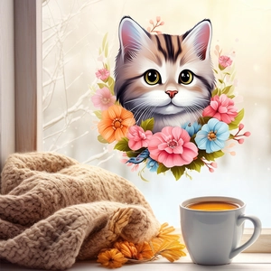 Cute Cartoon Cat Flower Wreath Wall Sticker PVC Waterproof Decorative Decal For Bedroom Living Room Window Glass Home Decor