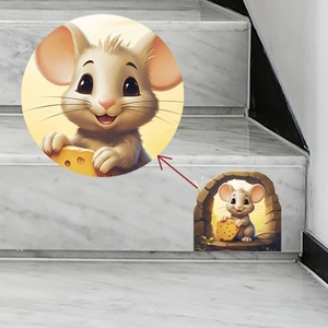 Detail of 3D cartoon mouse with cheese wall sticker applied on white marble stairs