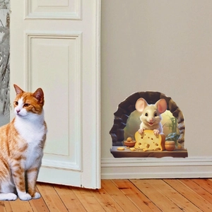 3D cartoon mouse with cheese wall sticker shown next to a curious cat in a room