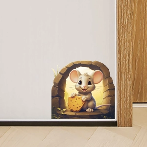 Detailed view of 3D cartoon mouse with cheese wall sticker on a white wall corner