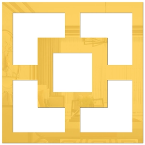 Detailed close-up of golden geometric acrylic mirror wall sticker with hollowed square pattern