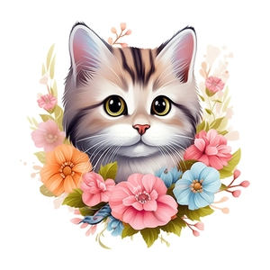Cute cartoon cat wall sticker with colorful floral wreath for bedroom home decor