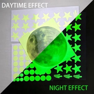 Luminous moon and star wall stickers showing daytime yellow and nighttime green glow effects