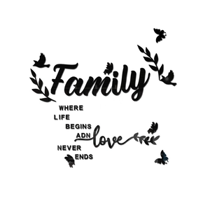 Détail de stickers muraux 3D en acrylique noir avec citation Family et motif papillon
