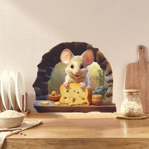 3D wall sticker featuring a cute cartoon mouse holding cheese in a cozy kitchen setting