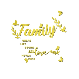 Détail macro de décoration murale 3D en acrylique doré Family avec oiseaux et feuilles