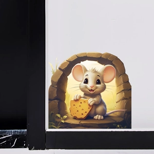 Detail of 3D cartoon mouse wall sticker with cheese appearing from a stone wall hole