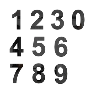 Macro detail of glossy black acrylic mirror 0-9 numbers for DIY wall decoration