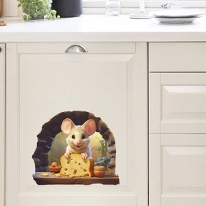 3D cartoon mouse with cheese wall sticker on white cabinet for kitchen decoration