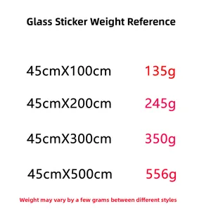 Weight guide table for static glass film in various lengths like 45x100cm up to 45x500cm