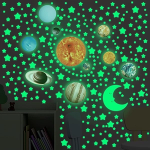 Glow-in-the-dark solar system wall stickers with planets and stars for bedroom decor