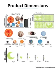 Size chart showing solar system wall stickers with 510+ pieces of stars and planets