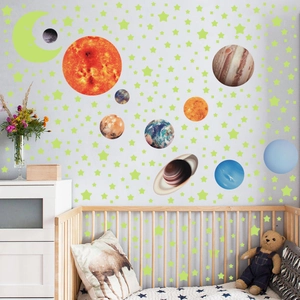 Luminous solar system wall stickers with planets and stars glowing in a dark nursery room