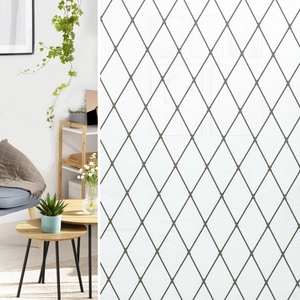 Close-up and living room display of frosted geometric diamond pattern window privacy film