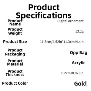 Detailed specifications showing weight 13.2g and size 4.52x4.4in for acrylic table numbers