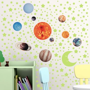 Detailed arrangement of glowing solar system wall decals in a cozy children room setting