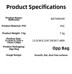 Detail list showing PVC bathroom wall sticker specs: 13.5x19cm size and 7.3g weight data