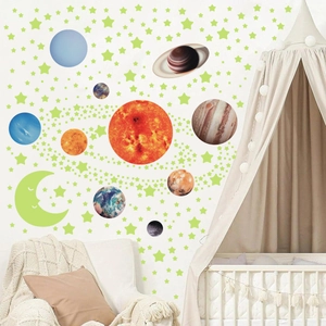 Glow in the dark solar system wall stickers featuring planets and stars for kids bedroom