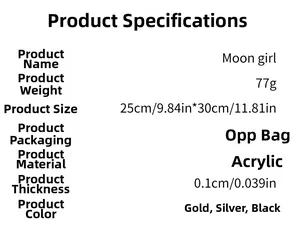 Detailed specifications for acrylic moon girl wall sticker including size and 77g weight