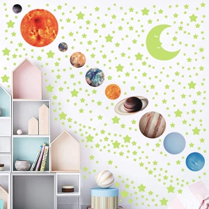 Detailed solar system wall stickers with glow-in-the-dark planets and stars in a kids' room