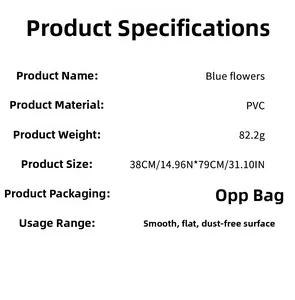 Detailed PVC wall sticker specifications showing 38x79cm size and blue flower design