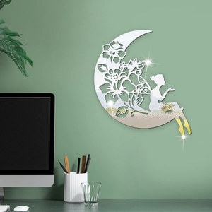 Acrylic Mirror Wall Sticker Moon Fairy Girl Flower Pattern Self-Adhesive Removable 3D Art Decal For Living Room Home Decoration