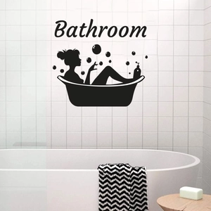 Elegant black silhouette bathroom wall sticker featuring a woman in bathtub and text