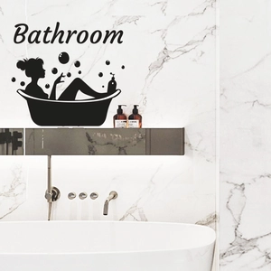Black silhouette bathroom wall sticker featuring a woman in a tub with Bathroom text