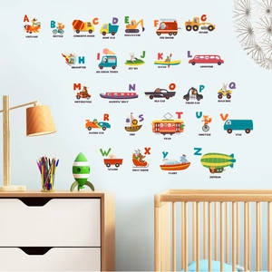 Alphabet wall stickers with cartoons and vehicles for educational kids room decor