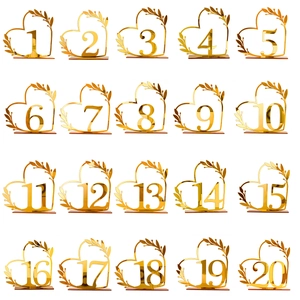 Set of 20 golden mirror acrylic heart-shaped wedding table numbers with olive leaf design